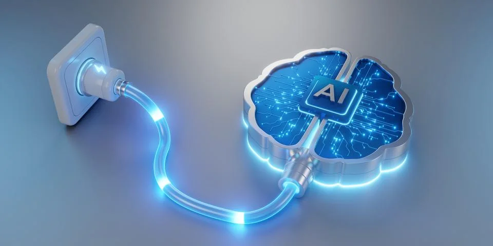 AI Brain Connected to Power Plug, Symbolizing High Energy Consumption 스톡 일러스트