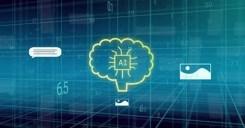 AI brain image over digital data and chat bubbles Stock Illustration
