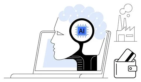 AI brain inside human head on laptop, credit cards in wallet, and factory ill Stock Illustration