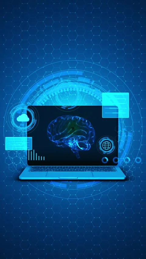 AI brain laptop interface glowing hologram panels, cloud icon, data circles, blu Stock Footage 340576594