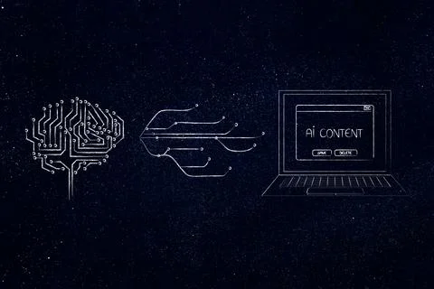 AI brain made of microchips with network connection icon and laptop showing.. Stock Illustration