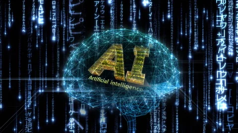 AI Brain Matrix text rain Japanese blue 2 Stock Footage 311297683
