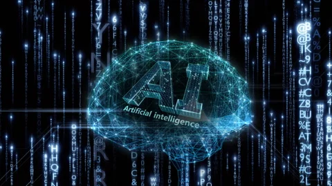 AI Brain Matrix text rain up alphabet blue 3 Video stock 311312601