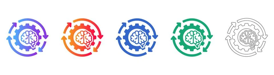 AI Brain Processing with Cogwheel and Arrows Icon Set Illustrazione stock