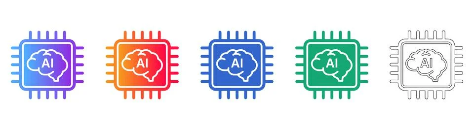 AI Brain Processor Chip Icon Set Stock Illustration