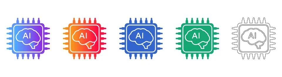 AI Brain Processor Chip Icons in Various Color Gradients Stock Illustration