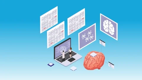 AI Brain Research with Scientists, Laptop, and Data Analysis 3d animation c.. Stock Footage 337945055