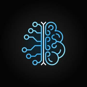 AI brain simple vector blue outline icon on dark background Stock Illustration