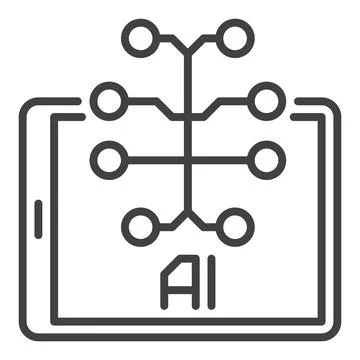 AI Brain on Tablet Screen vector Artificial Intelligence thin line icon or .. Stock Illustration