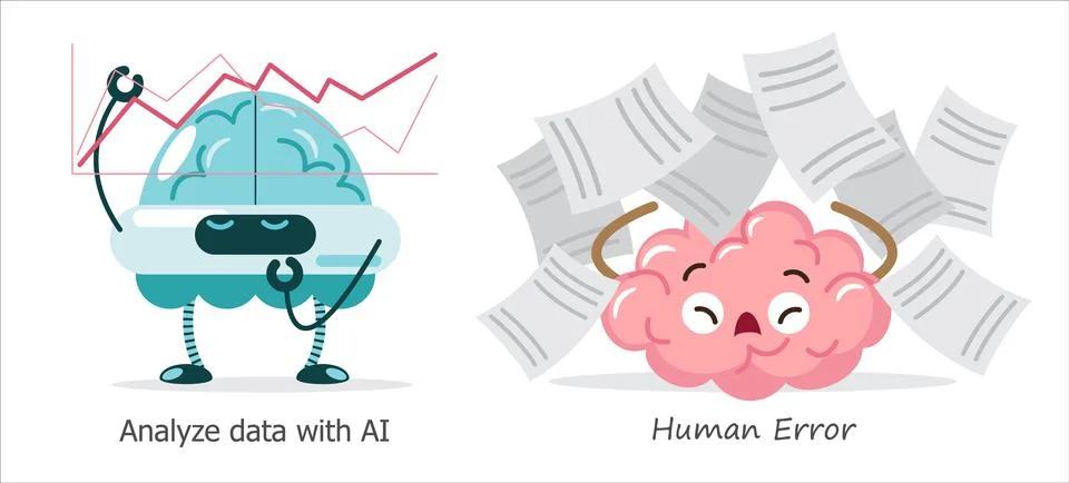 AI brain vs human brain in data analysis . Cartoon character . Vector . Stock Illustration