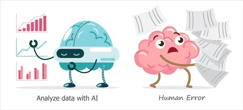 AI brain vs human brain in data analysis . Cartoon character . Vector . Illustrazione stock