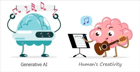 AI brain vs human brain in compose a music . Cartoon character . Vector . Stock Illustration