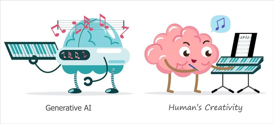 AI brain vs human brain in compose a music . Cartoon character . Vector . Stock Illustration
