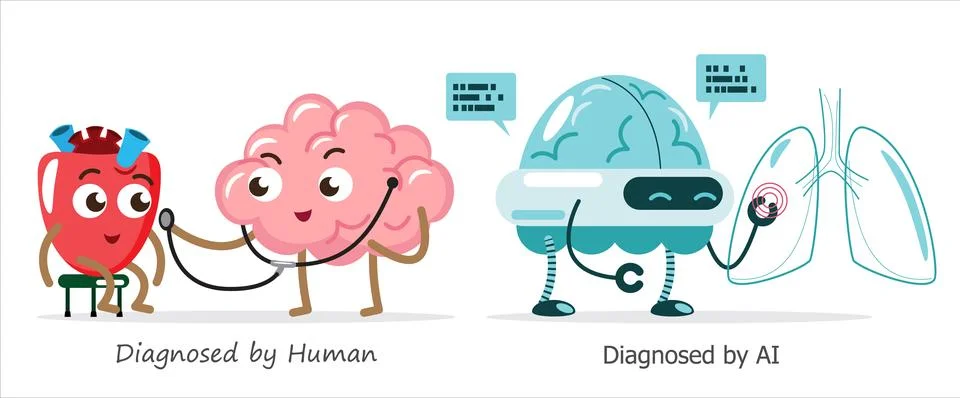 AI brain vs human brain in diagnosis . Cartoon character . Vector . Stock Illustration