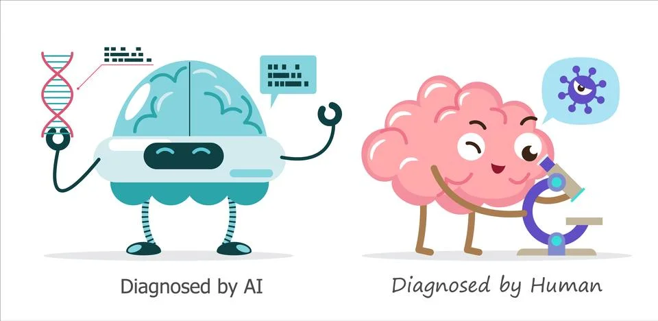 AI brain vs human brain in diagnosis . Cartoon character . Vector . Stock Illustration