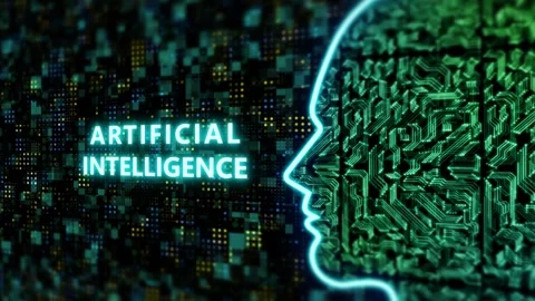 Ai bright animation with human face in circuit lines Stock Footage 253555759