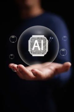 AI bubble concept. Hand holds artificial intelligence chip inside transpare.. Stock Photos