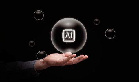 AI bubble concept. Human hand holding an AI chip inside a transparent bubbl.. Foto stock