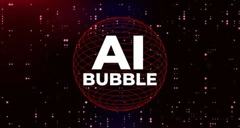 AI bubble text in white on glowing red digital sphere with abstract background Illustrazione stock