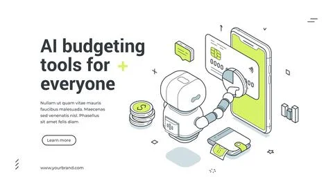 AI budgeting tools isometric banner template. Personal finance management and Stock Illustration
