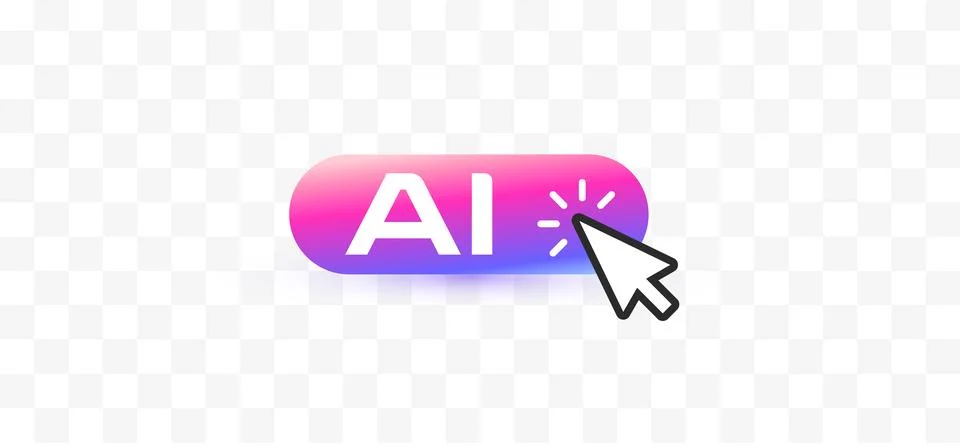 AI button icon with cursor click. Artificial intelligence gradient badge, pink Stock Illustration