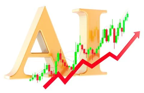 AI with candlestick stock chart and red upward arrow symbolizing artificial.. Stock Illustration