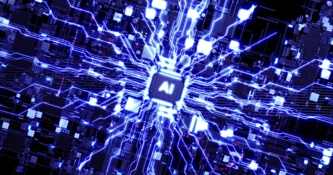 AI Central Processing Unit Handling Data with Glowing Signals Flowing. Stock Footage 306320773