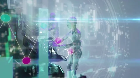 Ai characters work human job on computers and information graph overlay Stock Footage 326640240