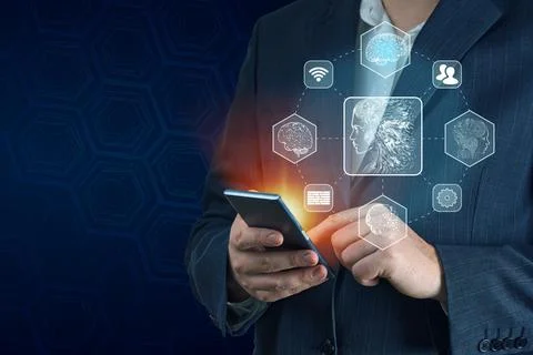 AI, Chat bot and future marketing concept, businessman hand holding cellphone Stock Photos