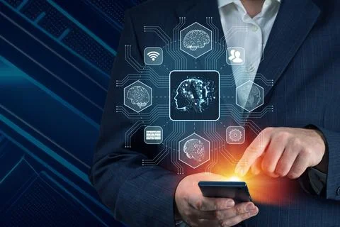 AI, Chat bot and future marketing concept, businessman hand holding cellphone Stock Photos