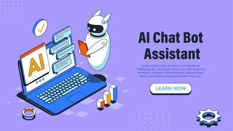 AI chat bot assistant poster. Bot with laptop. Artificial intelligence and Stockillustratie