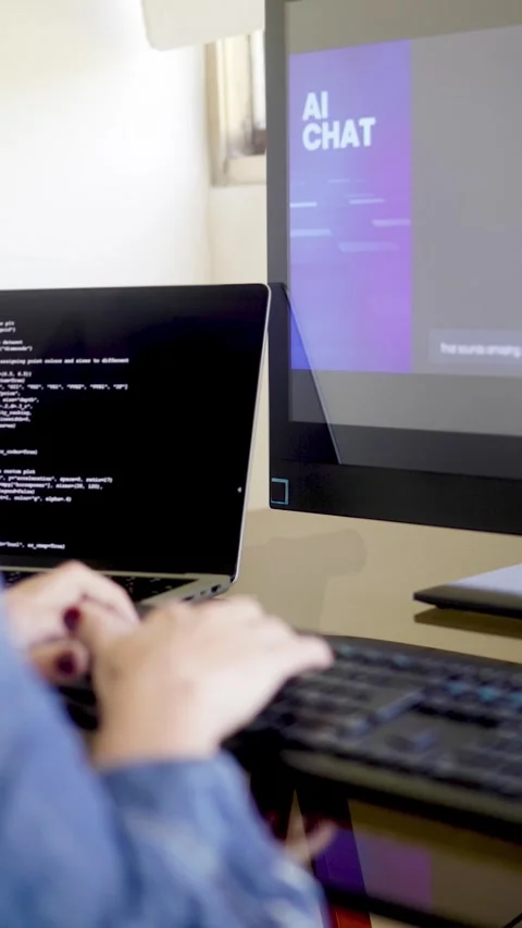 AI chat bot, Programmer using generative artificial intelligence, vertical video Stock Footage 304834893