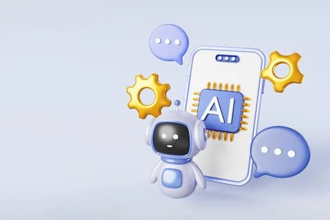 AI chat bot technology 3d banner. Mobile phone with artificial intelligence chip Stockillustratie