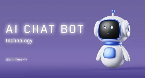 AI chat bot technology 3d banner. Cute robot bot character with artificial Ilustración de archivo