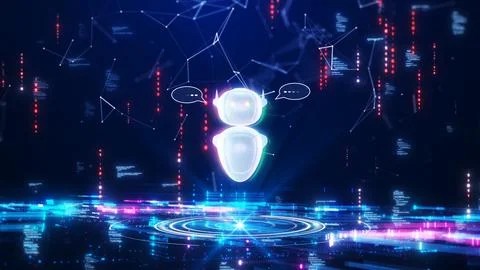 AI Chat Bot technology concept on blue background. Artificial intelligence .. Stock-Fotos