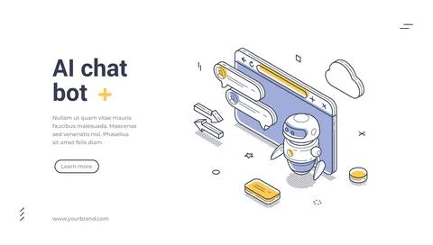 AI chat bot web banner. Isometric template with robot for customer support. V Stock Illustration