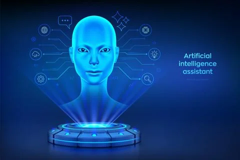 AI chatbot. AI assistant. AI agent. Holographic platform with glowing rays fo Stock Illustration