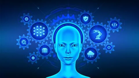 AI chatbot. AI assistant with cyborg woman head surrounded by connected gears Stock Illustration