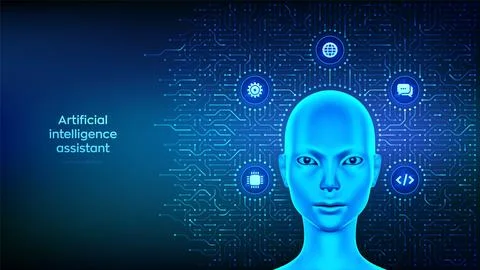 AI chatbot, artificial intelligence assistant technology concept. Smart vir.. Ilustración de archivo