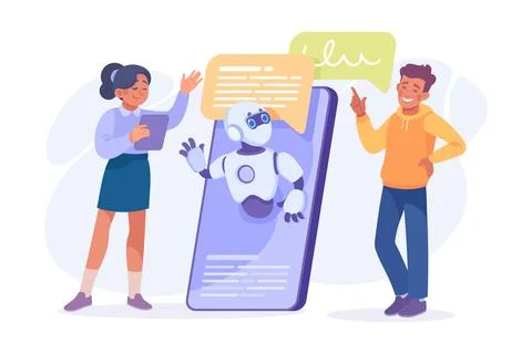 Ai Chatbot Communication with Man and Woman at Smartphone Vector Illustration Stock Illustration