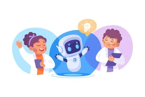 Ai Chatbot Communication with Man and Woman with Robot Vector Illustration Illustrazione stock