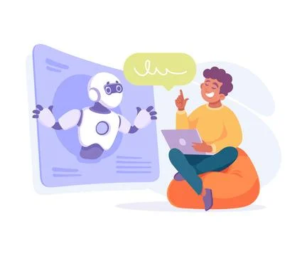 Ai Chatbot Communication with Man Sit with Laptop Vector Illustration Stock Illustration