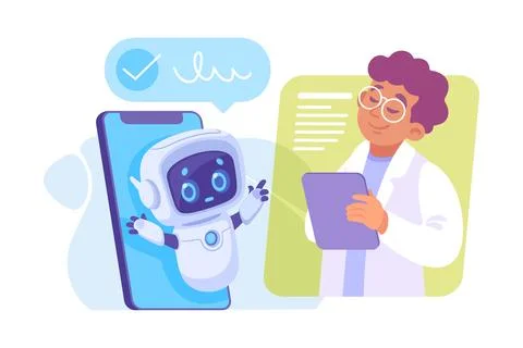 Ai Chatbot Communication with Man at Smartphone Vector Illustration Illustrazione stock