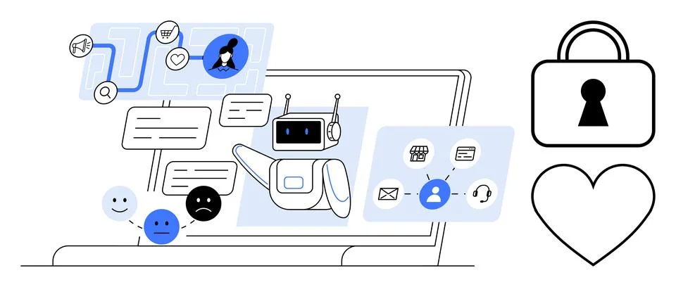 AI chatbot engaging users with messages and emoticons while interacting via v 스톡 일러스트