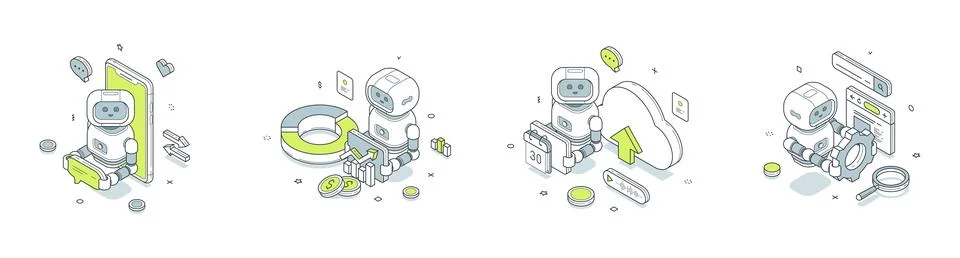 AI For Chatbot Financial Data And SEO Automation Isometric Vector Illustratio Stock Illustration