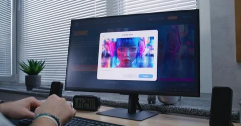 AI chatbot generate detailed image of cyberpunk girl on personal computer Foto stock