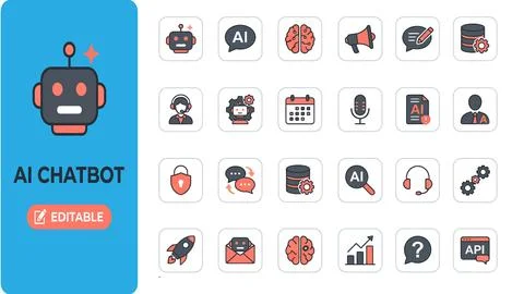 AI Chatbot Icon Set for Technology and Customer Support Stock Illustration