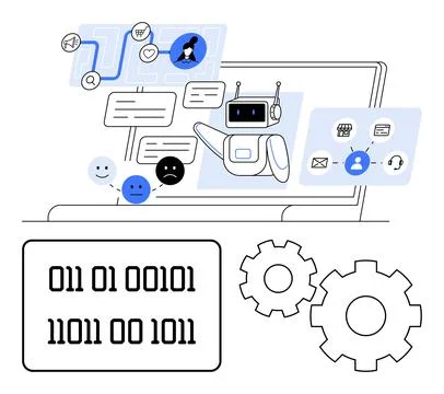 AI Chatbot Interacting on Laptop with Binary Code and Gear Icons Representi.. Stock Illustration