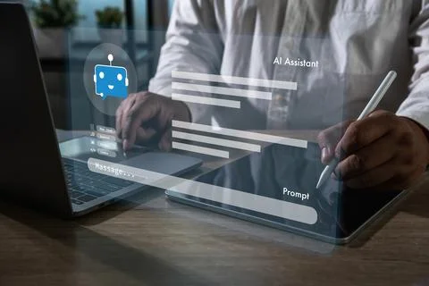 AI chatbot interface on tablet and laptop, user typing prompt and message, .. Stock Photos