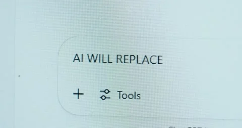 An AI chatbot on a macro screen displaying the phrase 'AI will replace humans Stock Footage 313985984